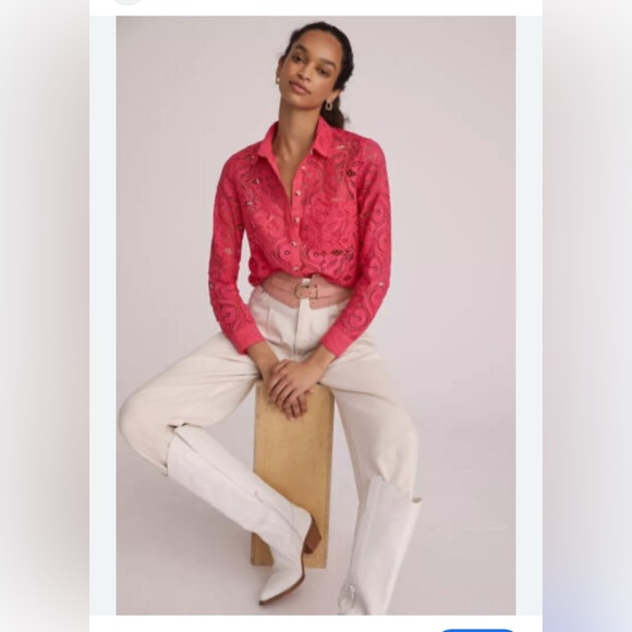 Anthropologie Maeve Pink Slim Button-down Open Lace Blouse Top Shirt Size 6P - Picture 1 of 12